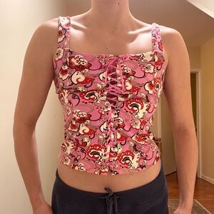 Moda International Pink Floral Lace-Up Corset Top